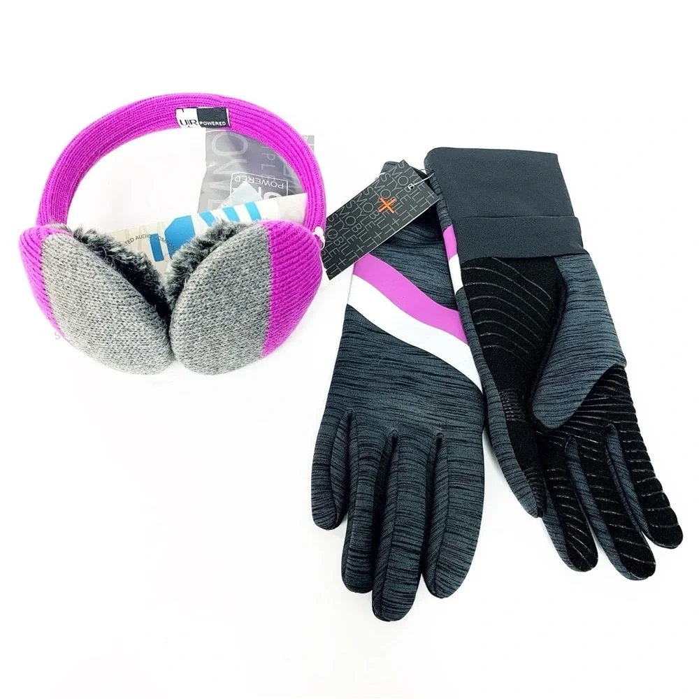 Pink & Grey Knit Earmuff Headphones • Fleece Lined Gloves Set • NWT